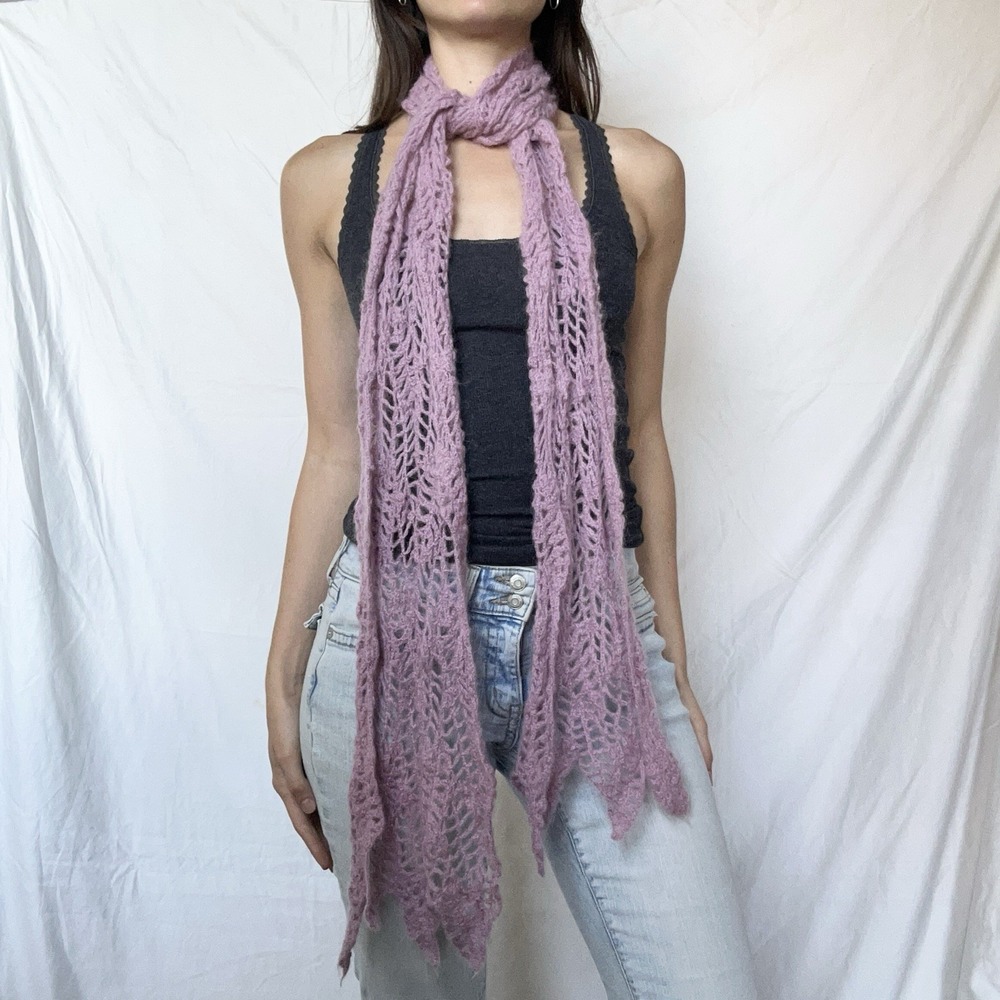 2000s Open Knit Wool Hand Knit Scarf Pink Y2K 90s Whimsy Forest Fairy